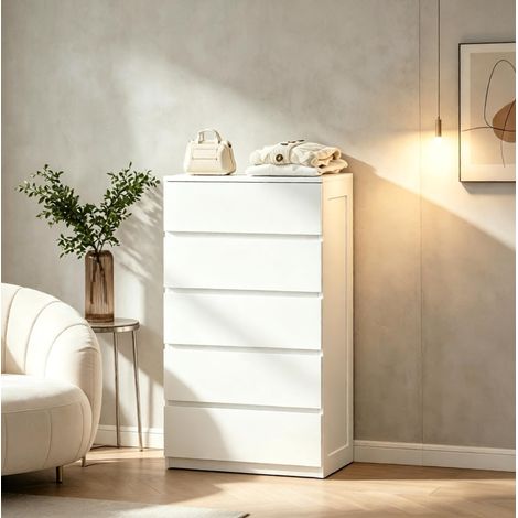Comò 60x39x100 cm, 5 cassetti, design salvaspazio, senza maniglie, truciolato, bianco (1/5)