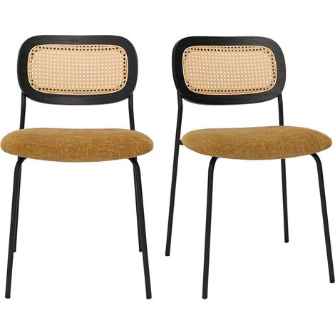 Sedie design in tessuto effetto velluto testurizzato color bronzo, metallo nero e intreccio in rattan (set di 2) MIRANDA