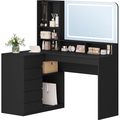 Coiffeuse avec Grand Miroir, Coiffeuse avec éclairage LED, Coiffeuse d'angle en L, avec 5 Tiroirs et 7 Compartiments Ouverts, Crochets pour Colliers, Chambre à Coucher, Noir