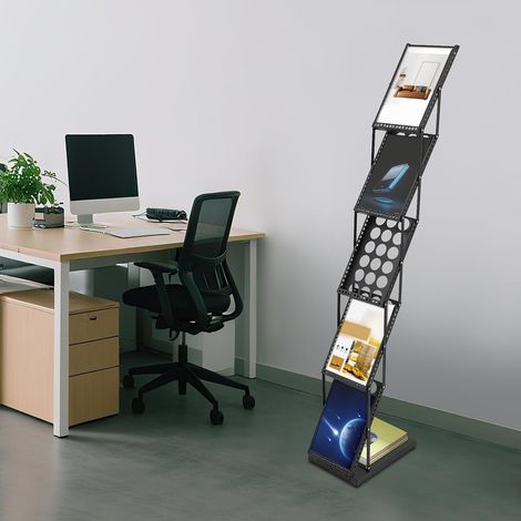 Présentoir à brochures pliable à 5 niveaux - Étagère à magazines - Étagère de bureau - Support de littérature pour bureau et foire - Porte-brochures - Support de catalogue - Noir (1/5)