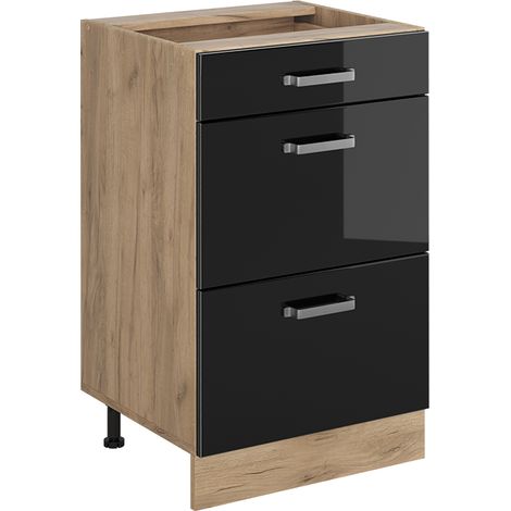 Mobiletto base per cucina R-Line, Nero lucido/Rovere dorato, 50 cm senza piano di lavoro, Vicco (1/5)