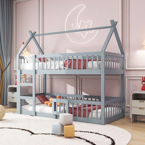 Okwish – Lit superposé 90x200 cm en bois massif – Lit enfant cabane 2 places avec escalier – Couleur vert-gris – Capacité de charge 120 kg (1/5)