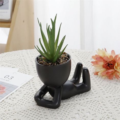 Pots artificiels pour plantes succulentes, ensemble de 4 pièces, décoration bonsaï en céramique pour plantes succulentes, pots de fleurs noirs créatifs et compacts en forme humaine. (1/5)