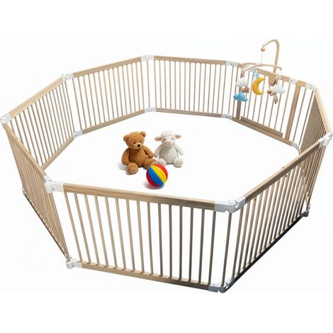 Relaxdays Laufstall Baby, flexibles Laufgitter mit Tür, 8 Panel HxB: 61 x 84,5 cm, sichere Spielecke, Kiefernholz, natur (1/5)