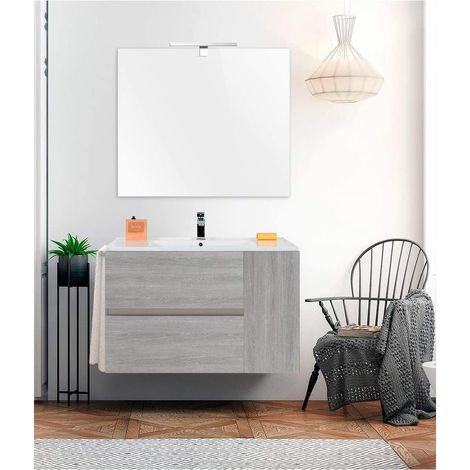 Meuble de salle de bain suspendu GEA avec miroir et lavabo - 2 tiroirs avec poignée à gorge et un espace de rangement avec porte - CHÊNE SMOKY 100CM (1/5)
