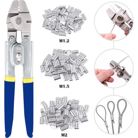 Outil de sertissage de câbles métalliques pour cable métallique jusqu'à 2,2 mm avec 150 manchons de sertissage double barillet en aluminium de 3 tailles (1/5)
