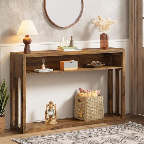 Table Console 120 cm Farmhouse avec Rangement, Table d’Entrée 2 Étagères pour Salon Couloir Entrée (Marron) (1/5)