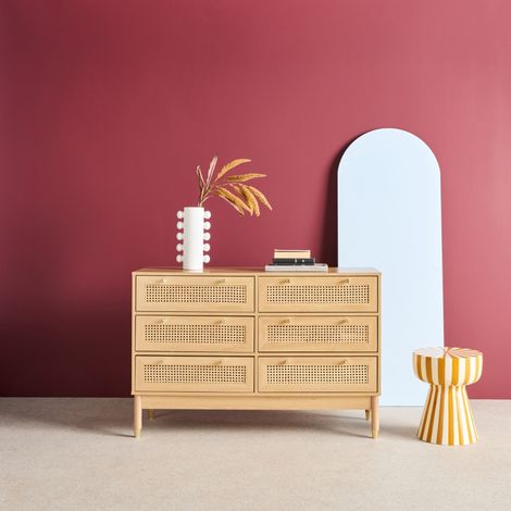 Commode décor bois et cannage 6 tiroirs teinte naturelle - 53 x 33.5 x 12.5 cm - Judith