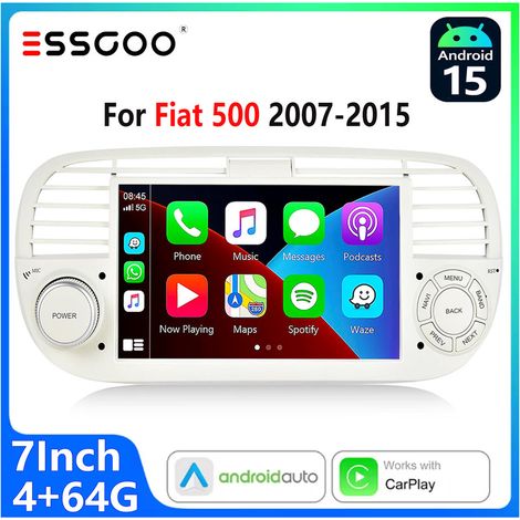 Autoradio Android 15 pour Fiat 500 (2007–2015) Écran Tactile 7 Pouces CarPlay sans Fil et Android Auto Blanc - 4+64G