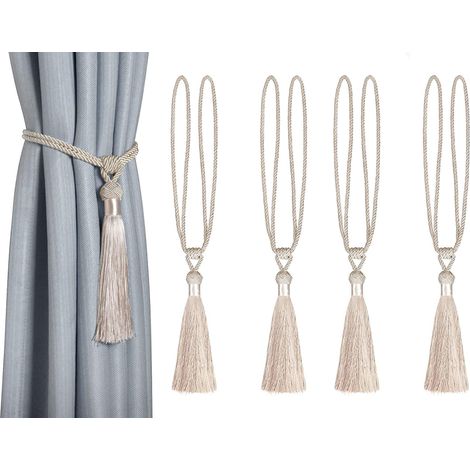 Set mit 4 geflochtenen Raffhaltern aus Polyester-Baumwoll-Gewebe mit Quaste, dekoratives Gardinenzubehör, Beige (1/5)
