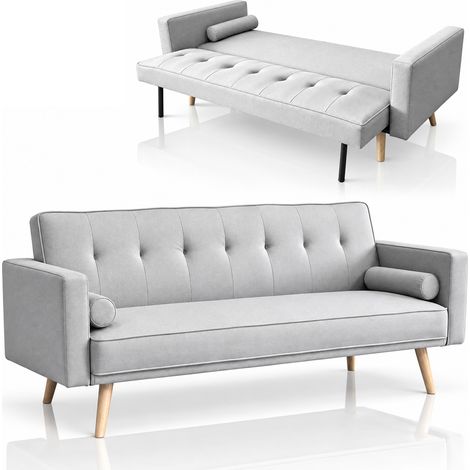 Divano Letto 3 Posti Ergonomico Grigio Chiaro con Struttura e Piedini in Legno (1/5)
