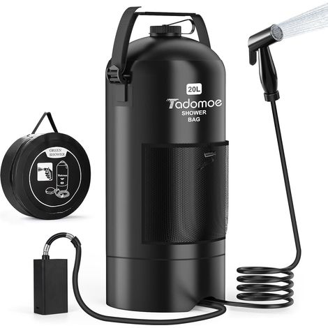 Douche Solaire Portable Électrique 20L pour Camping & Vanlife Chauffage Solaire, Tuyau Flexible 2m, 2000mAh Pompe, Sac de Rangement, 1.36 kg, Idéal Plage & Chien (1/5)