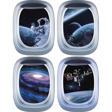 3D Espace Stickers Muraux pour Chambre d'enfant, Planète Astronaute Autocollants muraux,Galaxie Art Mural,3d Cabine la Denêtre Décoration for Chambre Bébé Garçon les filles,4 pièces (1/5)