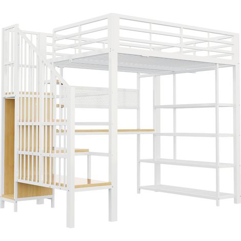 Letto a soppalco in metallo bianco 140 x 200 cm con scrivania, scaffali, scala e LED (1/5)
