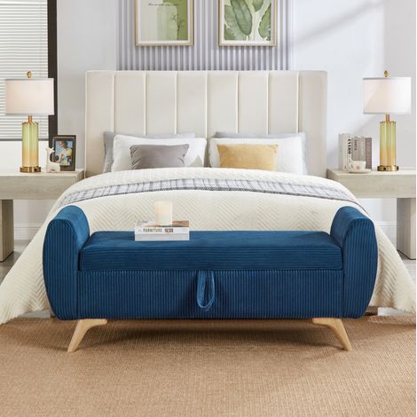 Panca in velluto a coste con contenitore e gambe in legno blu 145 x 51 x 45 cm OKWISH (1/5)