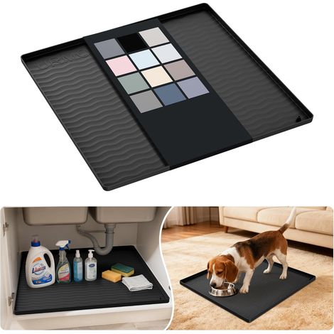 Tapis sous Évier en Silicone 48 x 48 cm, Protection Meuble Étanche  Plateau de protection, rebord anti-fuite, fond antidérapant, cuisine, salle de bain, buanderie, garage, sous lavabo (Noir) (1/5)
