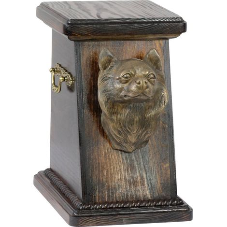 Chihuahua de pelo largo: una urna para cenizas de perro, una elegante urna con una estatuilla, una urna conmemorativa con un busto de perro de Art-Dog. (1/5)