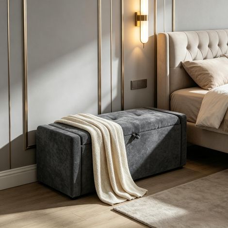 Banquette de rangement pied de lit assise large rembourrée tissu lin multi-usages pour chambre à coucher (1/5)