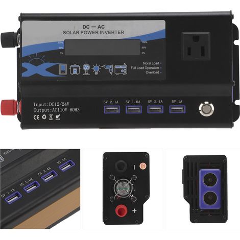 Convertisseur de voiture, noir, puissance nominale de 700 W, double tension 12/24 V vers AC110 V 60 Hz, prise standard américaine avec lumière d'ambiance et 4 ports USB. (1/5)