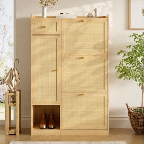 Zapatero de diseño de ratán 80,5x25x125 cm con 3 puertas abatibles, 1 cajón y 1 puerta, acabado natural (1/5)