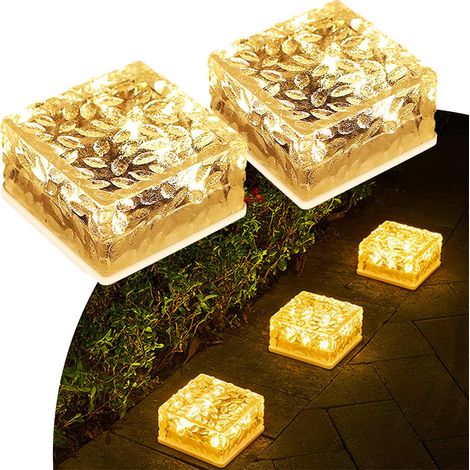 Set mit 2 Solarleuchten mit je 6 LEDs in Glaspflastersteinen - Warmweißes Licht - Ein-/Ausschalter mit Lichtsensor - Wasserdichte Solarleuchte - Bodenstrahler für den Außenbereich, z. B. für die Einfa