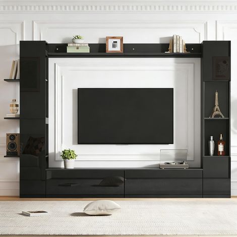 Meuble TV mural 245x30x170 cm avec rangement vitrine porte amovible ensemble 4 pièces Noir