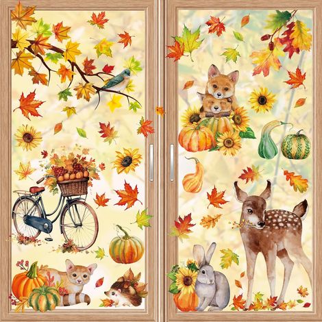 9 feuilles d'autocollants pour fenêtres sur le thème des animaux d'automne et de Thanksgiving, pour fournitures de maison (1/5)