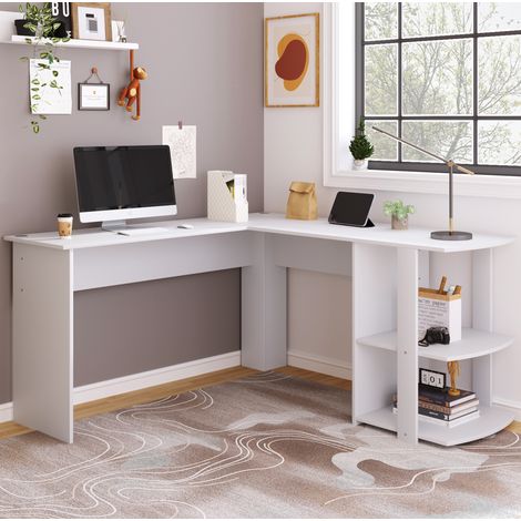 Scrivania ad Angolo a L 140x140 cm Bianca, Piani in Melaminico Resistente e Ripiano Integrato (1/5)