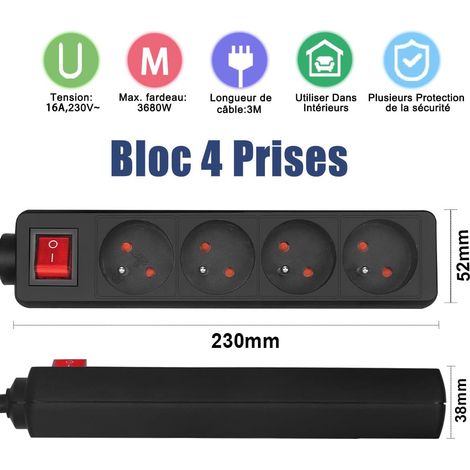 Multiprise monobloc 4 prises 16A avec rallonge interrupteur 3M 230 V avec sécurité enfant, noir (1/4)