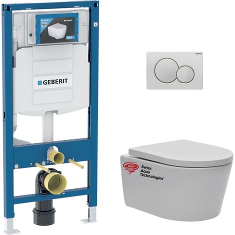 Geberit – Pack WC bati-support – Cuvette suspendue sans bride Swiss Aqua Technologies – Abattant SoftClose – Plaque blanche – GEBSATRIMLESSB