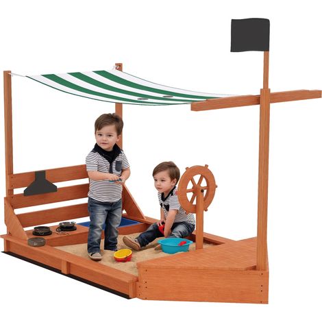 Sandkasten mit Piratensegel und Sonnendach, inklusive Spielküche für Kinder, aus Massivholz, Maße 180 x 103 x 144,5 cm, grüne Farbe.