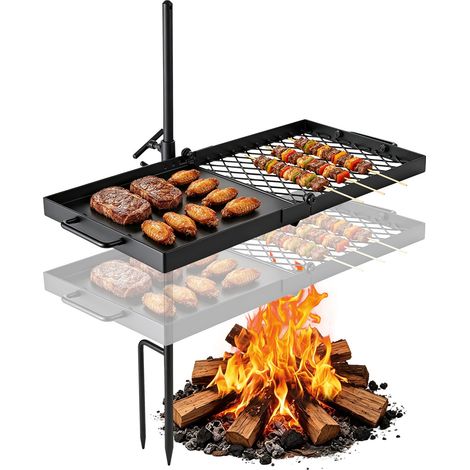 Grille de Feu de Camp Pivotante Gril de Camping sur Piquet 61 cm, Matériel de Barbecue pour Feu de Bois BBQ, En Acier Résistant, Hauteur Réglable, Surface de Cuisson Mixte Grille et Plaque (1/5)