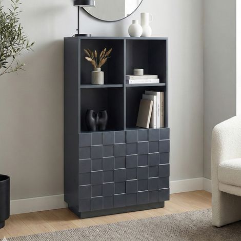 Armadio Comò Alto Bopibobro a 2 Ante Credenza con 4 Ripiani Aperti e 4 Vani Chiusi 118 x 64 x 30 cm - Grigio Scuro [en.casa]
