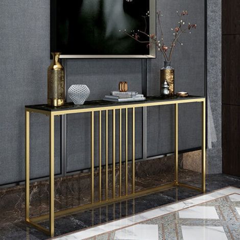 Slim Narrow Hallway Console Table Scratch-proof Marble 120cm Long Bar Table Gold Legs, Black