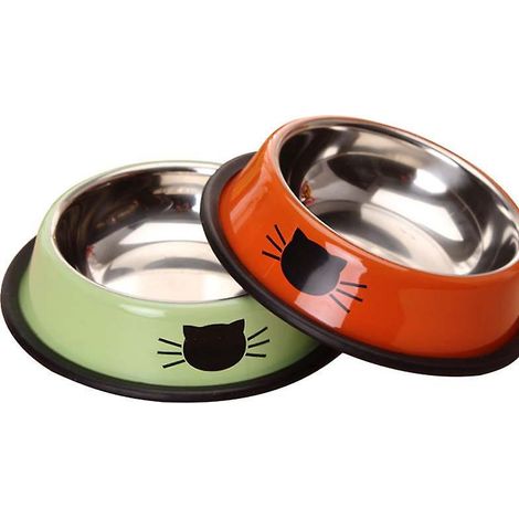 bol De Chat Bol De Chat Set De 2 Pices (orange Et Vert), Bol De Chat En Acier Inoxydable Antidrapant Ensemble De Bol De Chat, Mangeoire De Chat Et (1/5)