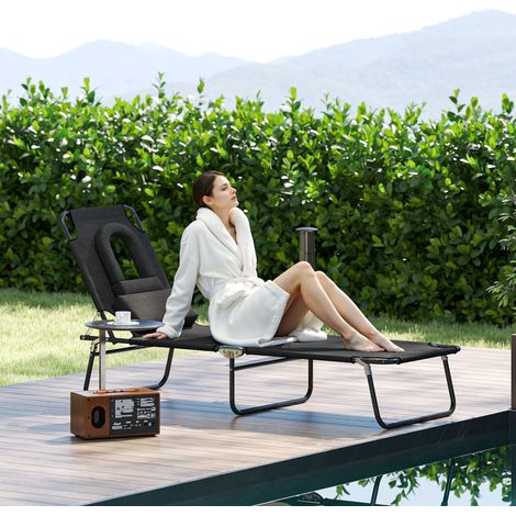 Bain de Soleil Pliable transat inclinable 4 Positions Chaise Longue 3 Coussins fournis Noir (1/5)