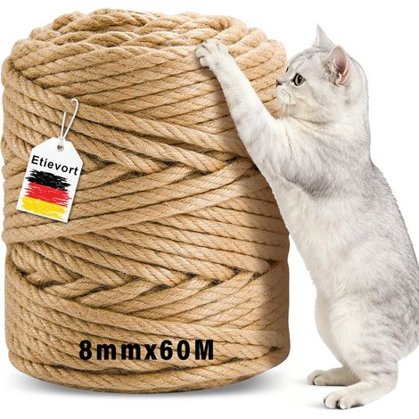 Corde en sisal pour arbre à chat, 6 mm x 60 m, corde en sisal pour chats, corde à griffer, ménage, jardin, bricolage, décoration (8 mm × 60 m) (1/5)