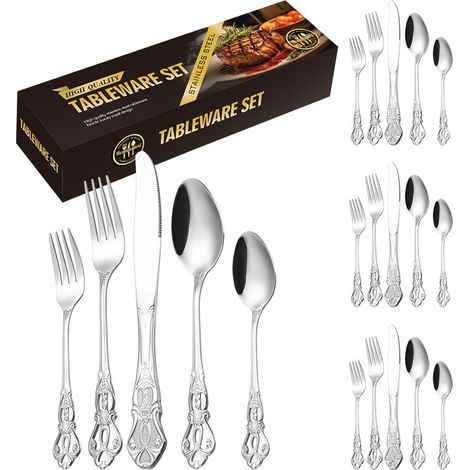 Couverts En Acier Inoxydable - Set De Fourchettes Cuillères Et Couteaux Style Rétro Baroque - Pour Usage Domestique Et Événements Formels - 24 Pièces (1/5)