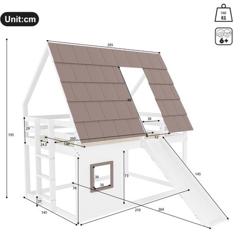 Etagenbett Doppel 140 x 200 cm mit Dach, Leiter und Rutsche, ohne Matratze, aus Holz und MDF, Weiß Braun (1/4)