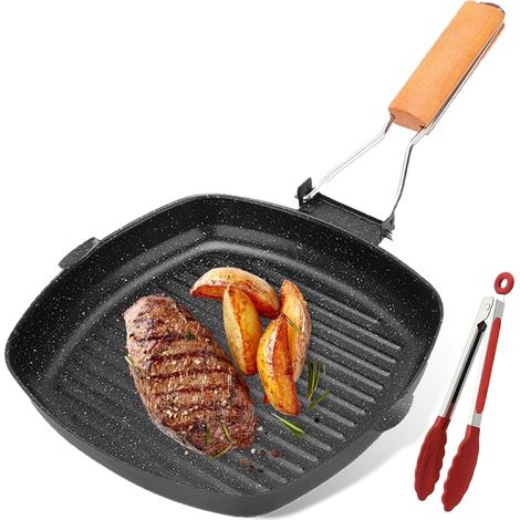 1 Poêle à griller, Fonte, Revêtement antiadhésif, Manche bois pliable, Pince acier inoxydable, Cuisine Camping (1/5)