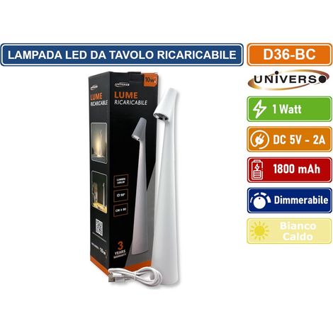UNIVERSO LAMPADA DA TAVOLO BIANCA 1W TOUCH DIMMERABILE IN ALLUMINIO CON BATTERIA BIANCO CALDO 3000K (1/5)