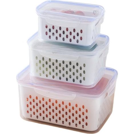 Recipientes de almacenamiento,Paquete de 3,Recipientes para conservar la frescura de frutas y verduras,Con cestas de drenaje (1/5)
