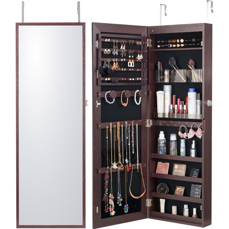 Mophorn 42,52-Zoll-Spiegelschmuckschrank, Verschließbar, Wand/Tür Montage, LED, Samt ausgekleidet, Braun, Organizer