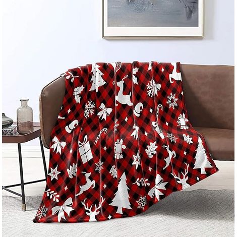 Couverture De Noël - Motif Plaid Rouge Et Flocons De Neige - En Flanelle Polyester 100 % - 127 X 152 Cm - Pour Canapé Lit Voiture Bureau - 1 Pièce (1/5)