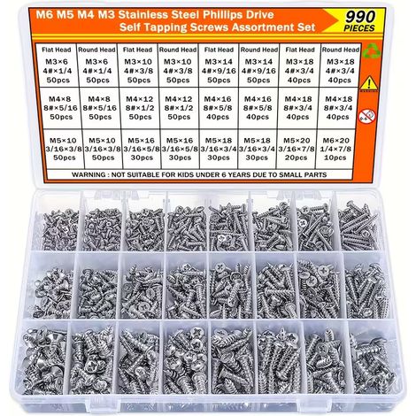 Coffret de visserie inox 304 - 990 pièces, assortiment de vis autotaraudeuses cruciformes Phillips, à tête plate et à tête bombée, pour bois, placo, bricolage et atelier, boîte de rangement compartime