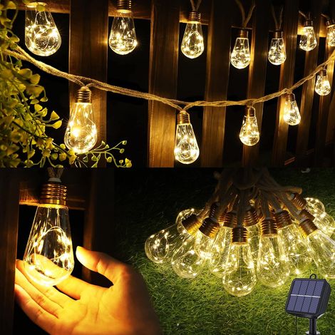Guirlande lumineuse LED solaire style corde de chanvre – 10 m, 16 lumières, 8 modes, lumière blanc chaud, étanche, pour décoration de jardin et terrasse (1/5)