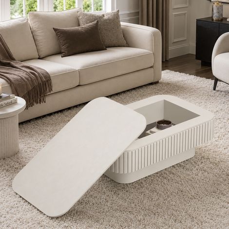 Mesa de centro 98 x 60 x 35 cm con almacenamiento oculto - tapa abatible diseño acanalado - mesa de salón de estilo moderno - mdf - crema (1/5)