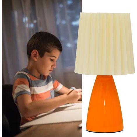 Lampe de table plissée trois couleurs, intensité variable, abat-jour moderne en céramique plissé en forme de tonneau, idéale pour chambre ou bureau. (1/5)