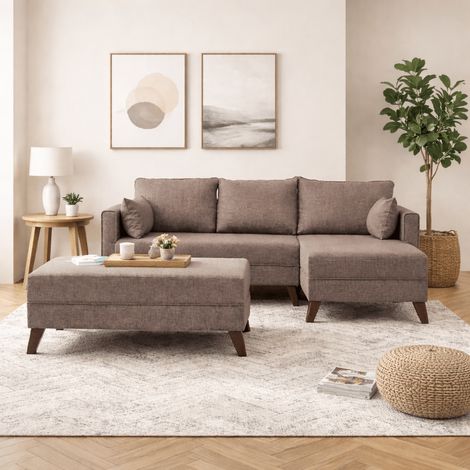 Schlafsofa Stoff in Taupe – Ecksofa inklusive Fußhocker – Rechts