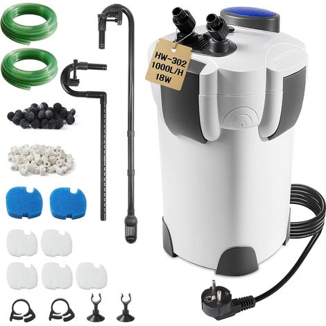 Filtre Extérieur Aquarium 1000L/H 18W Pompe Externe D'aquarium Réglable avec Matériau Filtrant, Filtre Bassin Poisson Silencieux avec 3 Étapes de Filtration pour Réservoir Jusqu'à 300 L HW-302 (1/5)